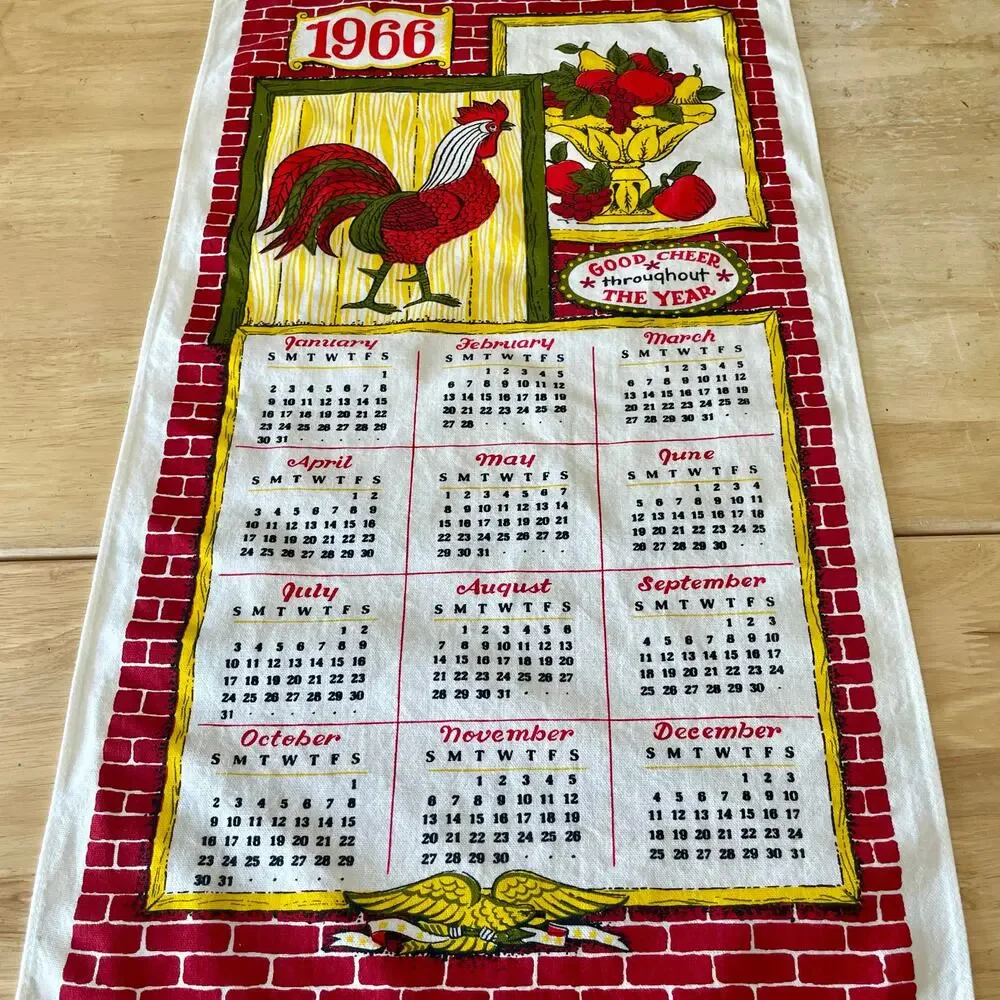 Vintage 1996 Linen Tea Towel Calendar with Rooster & Bowl of Fruit EUC